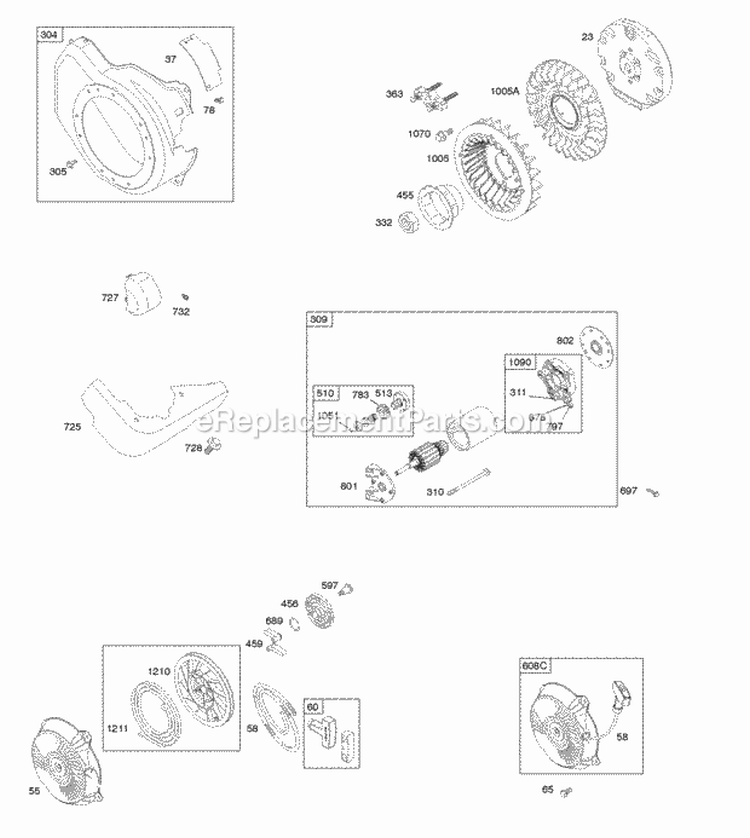 Blower Housing Electric Starter Flywheel Rewind Starter Diagram and Parts List for 12S435-0125-G8  Briggs and Stratton Engine
